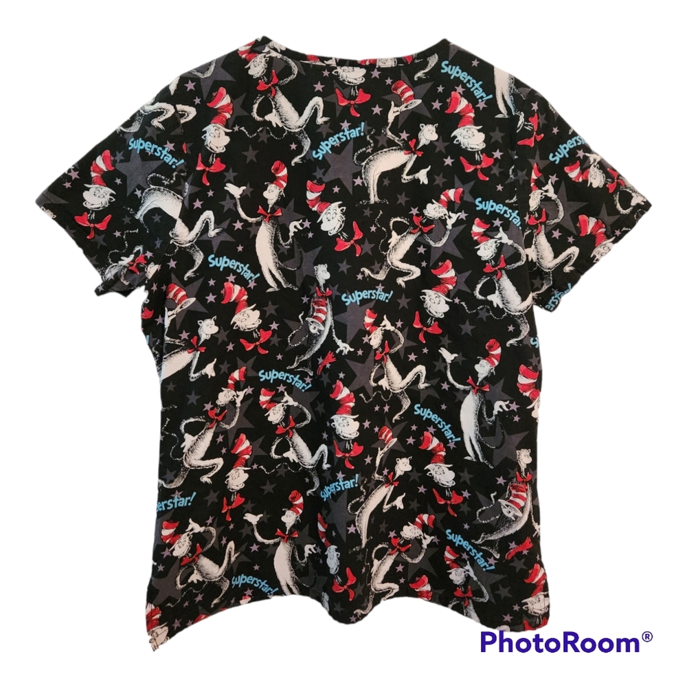Cat in the Hat Superstar Dr Seuss Nurse Scrub Top V Neck 2 Front Pockets